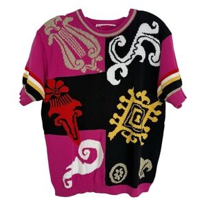 Vintage Short Sleeve Statement Sweater Size Medium Pink Black 80s 90s